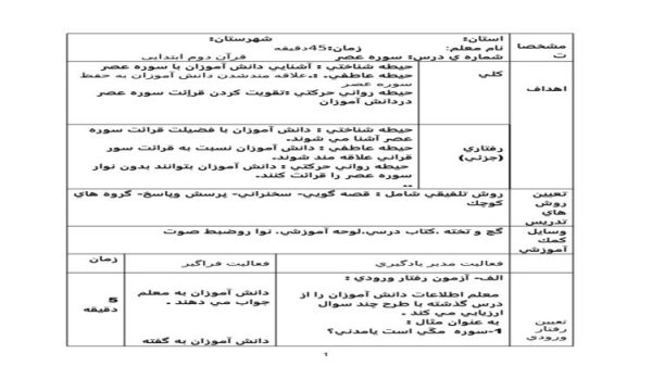 طرح درس آموزش سوره عصر قرآن دوم ابتدایی درس نهم