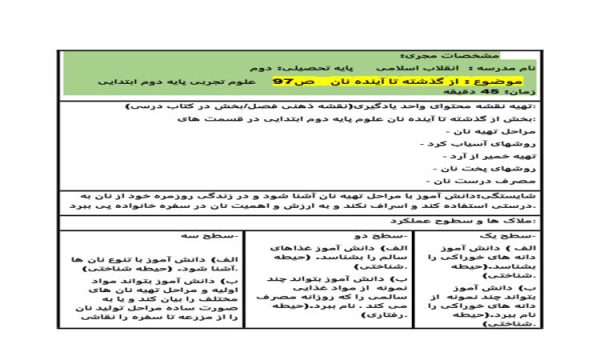 طرح درس از گذشته تا آینده نان علوم دوم ابتدایی درس چهاردهم