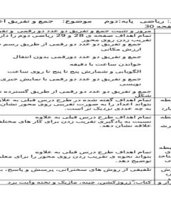 طرح درس جمع و تفریق اعداد دو رقمی ریاضی دوم ابتدایی