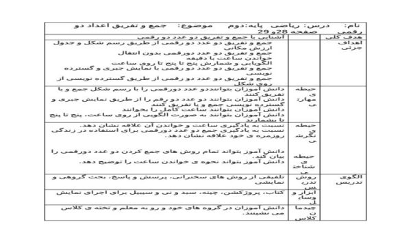 طرح درس جمع و تفریق اعداد دو رقمی ریاضی دوم ابتدایی 28 و 29