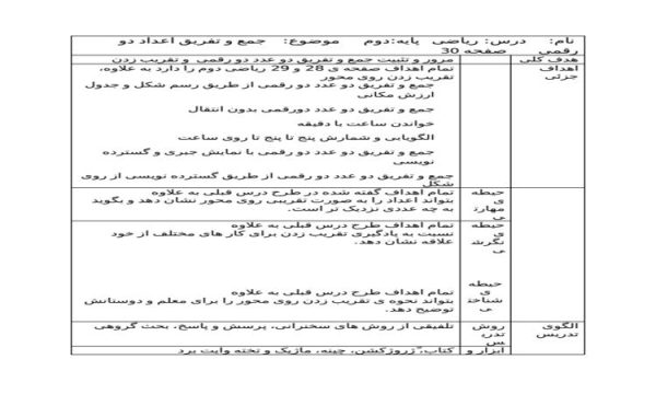 طرح درس جمع و تفریق اعداد دو رقمی ریاضی دوم ابتدایی