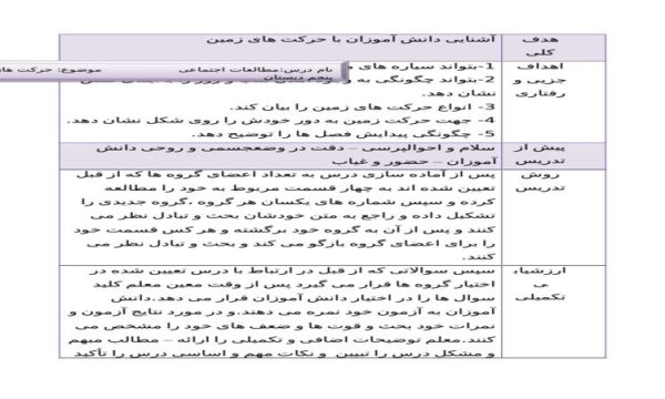 طرح درس حرکت های زمین مطالعات اجتماعی پنجم ابتدایی