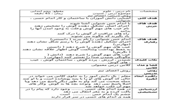 طرح درس حس شنیدن علوم پنجم ابتدایی