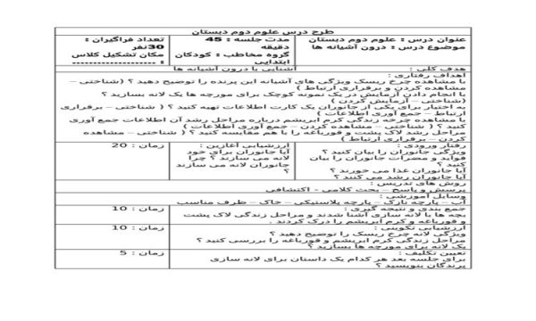 طرح درس درون آشیانه ها علوم دوم ابتدایی درس دهم نمونه دوم