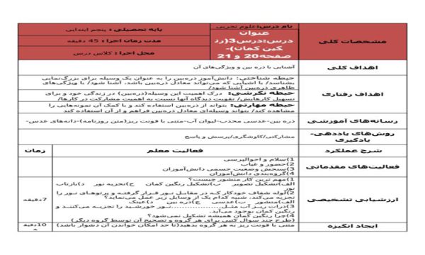 طرح درس رنگین کمان علوم پنجم ابتدایی