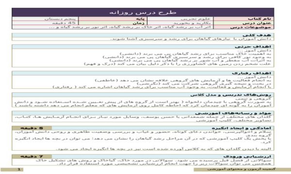 طرح درس روزانه بکارید و بخورید علوم پنجم ابتدایی