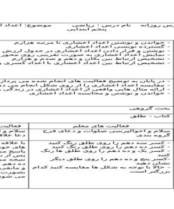 طرح درس ریاضی پنجم ابتدایی درس اعداد اعشاری