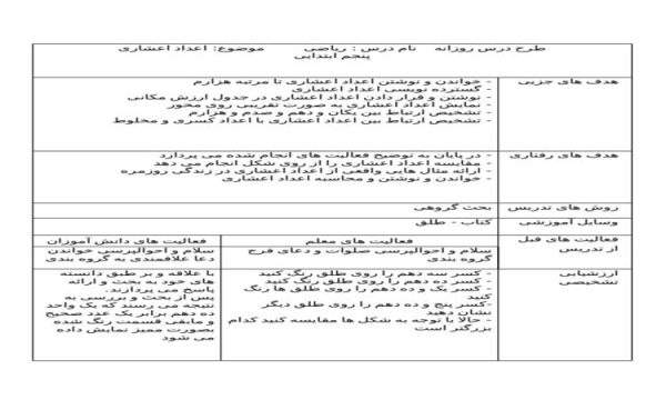 طرح درس ریاضی پنجم ابتدایی درس اعداد اعشاری