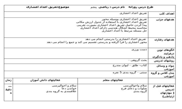 طرح درس ریاضی پنجم ابتدایی درس تفریق اعداد اعشاری