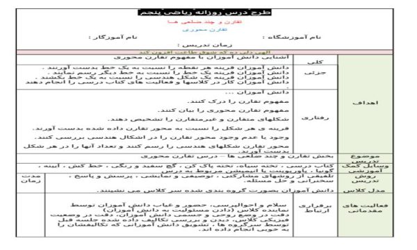 طرح درس ریاضی پنجم ابتدایی درس تقارن محوری