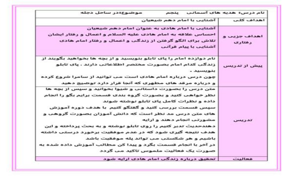 طرح درس روزانه ساحل دجله هدیه های آسمانی نمونه دوم