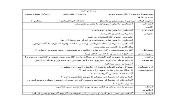 طرح درس روزانه هنرمند فارسی دوم ابتدایی درس دهم نمونه دوم