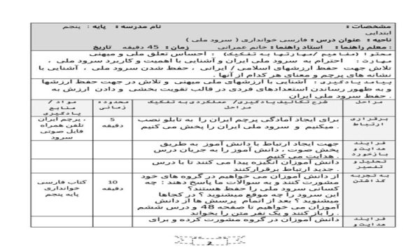 طرح درس سرود ملی فارسی پنجم