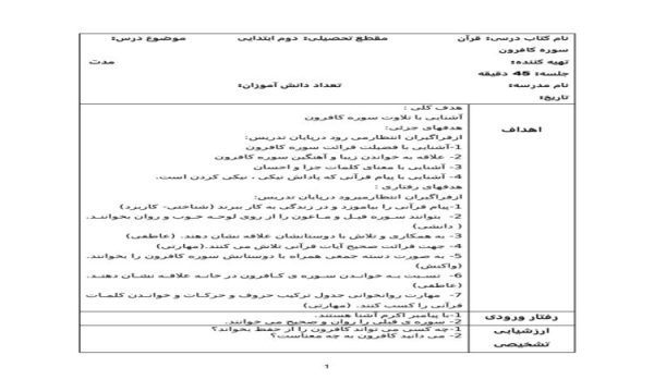 طرح درس سوره کافرون قرآن دوم ابتدایی درس یازدهم