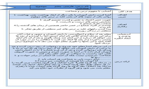 طرح درس شجاعت فارسی پنجم ابتدایی