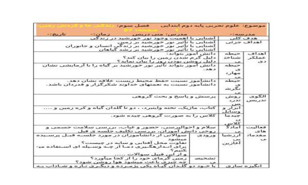 طرح درس شماره دو درباره زندگی ما و گردش زمین یک علوم دوم ابتدایی درس سوم نمونه دوم