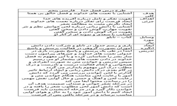 طرح درس فضل خدا فارسی پنجم ابتدایی