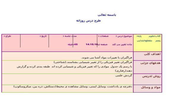 طرح درس ماده تغییر می کند علوم پنجم ابتدایی