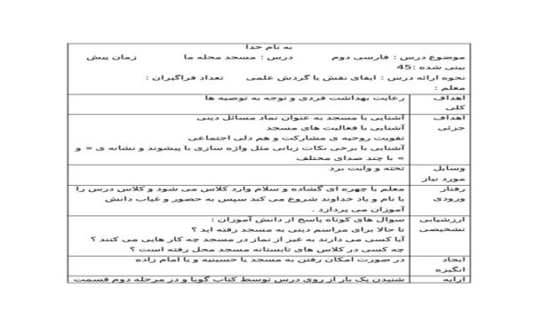 طرح درس مسجد محله ما فارسی دوم ابتدایی درس دوم