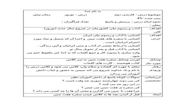 طرح درس نوروز فارسی دوم ابتدایی درس پانزدهم