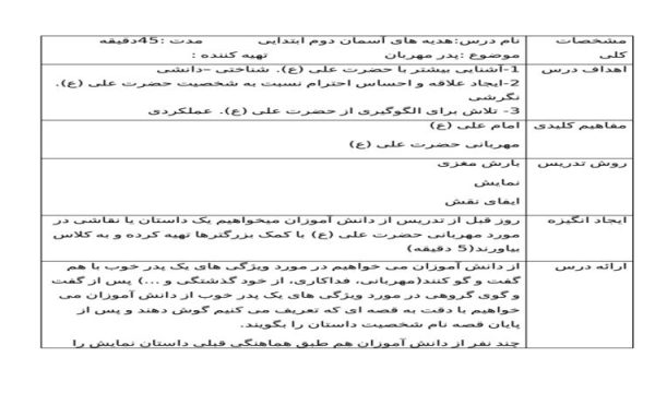 طرح درس پدر مهربان هدیه آسمانی دوم ابتدایی درس دوازدهم