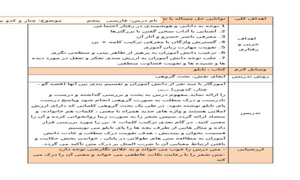 طرح درس چنار و کدو بن فارسی پنجم ابتدایی