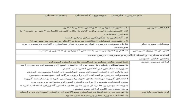 طرح درس کاجستان فارسی پنجم دبستان