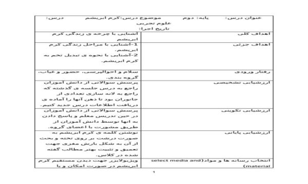 طرح درس کرم ابریشم علوم دوم ابتدایی