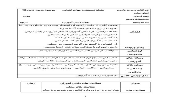 طرح درس اتفاق ساده فارسی چهارم ابتدایی