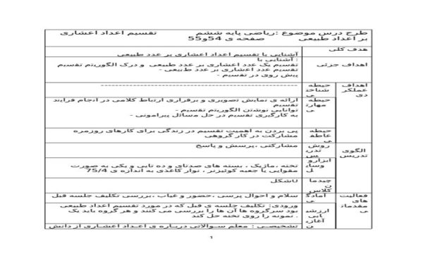 طرح درس تقسیم اعداد اعشاری بر اعداد ریاضی ششم ابتدایی