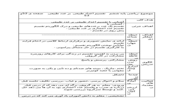 طرح درس تقسیم اعداد طبیعی بر عدد طبیعی ریاضی ششم ابتدایی