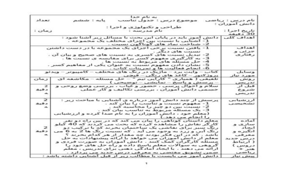 طرح درس جدول تناسب ریاضی ششم ابتدایی