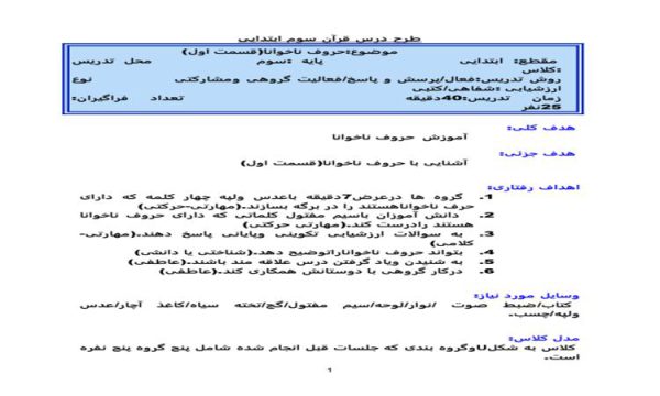 طرح درس حروف ناخوانا قرآن سوم ابتدایی