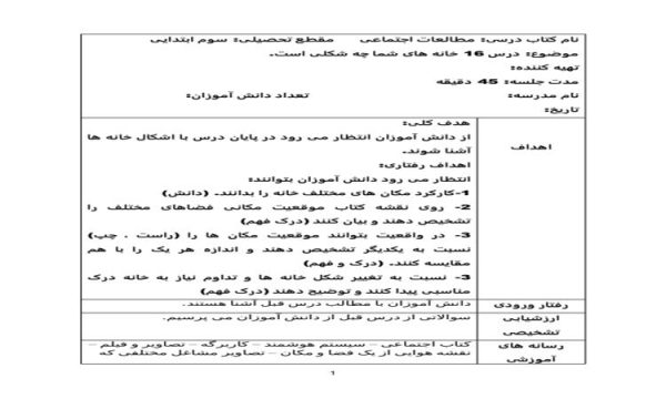 طرح درس خانه های شما چه شکلی است مطالعات اجتماعی سوم ابتدایی درس شانزدهم