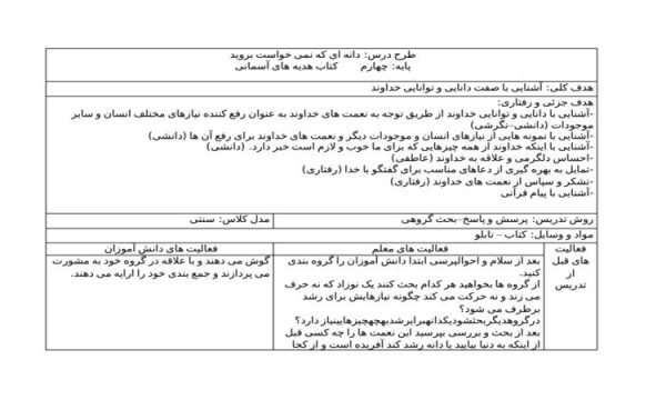 طرح درس دانه ای که نمی خواست بروید هدیه های آسمانی چهارم ابتدایی