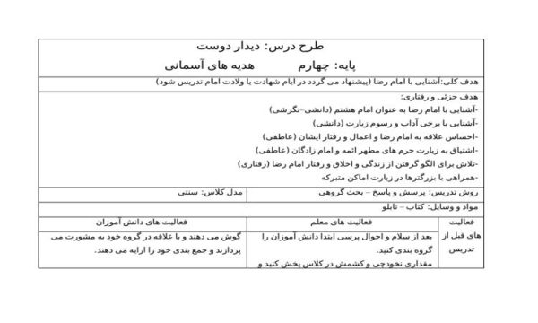 طرح درس دیدار دوست هدیه های آسمانی چهارم ابتدایی