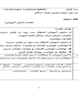 طرح درس روز سوم ﺗﻤﺮﻳﻦ ﺣﺮف ﺳﺎﮐﻦ قرآن سوم ابتدایی