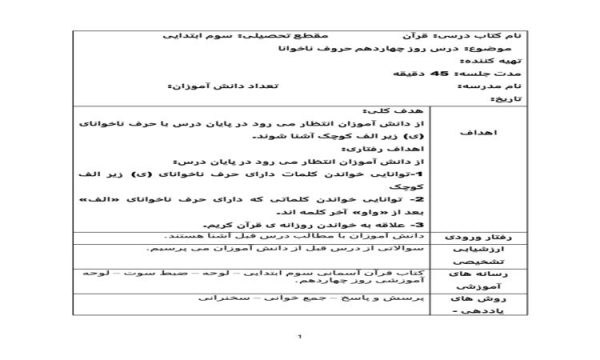 طرح درس روز چهاردهم حروف ناخوانا قرآن سوم ابتدایی