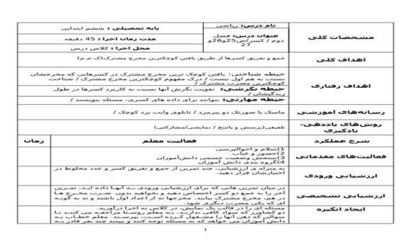 طرح درس روزانه ریاضی ششم ابتدایی درس کسر