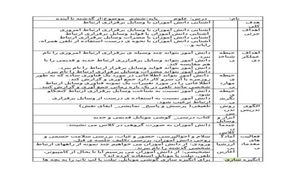 طرح درس روزانه علوم ششم ابتدایی درس از گذشته تا آینده