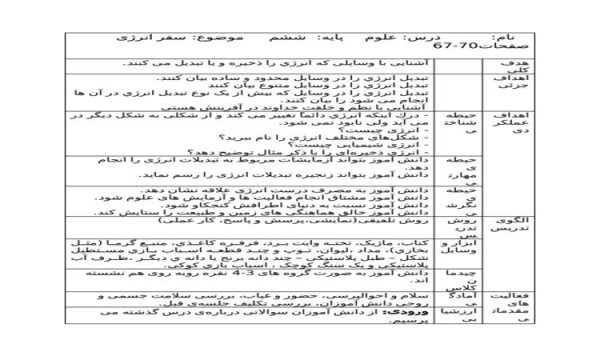 طرح درس روزانه علوم ششم ابتدایی درس سفر انرژی