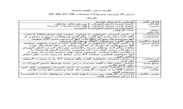 طرح درس روزانه علوم ششم ابتدایی درس ورزش ونیرو 1