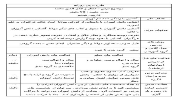 طرح درس روزانه فارسی ششم ابتدایی درس عطار و جلال الدین محمد