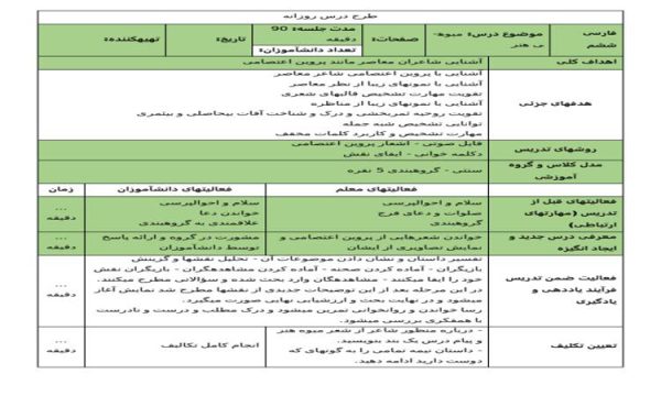 طرح درس روزانه فارسی ششم ابتدایی درس میوه ی هنر