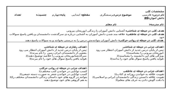 طرح درس روزانه فارسی چهارم ابتدایی درس پرسشگری