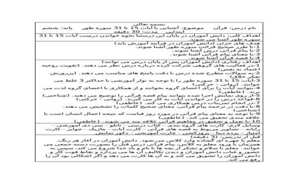 طرح درس روزانه قرآن ششم ابتدایی درس آشنایی با آیات 15 تا 31 سوره طور