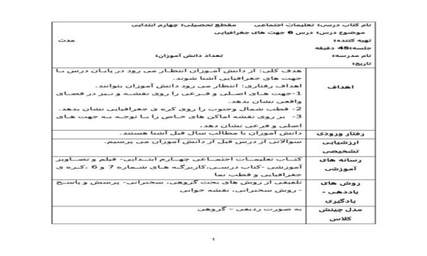 طرح درس روزانه مطالعات اجتماعی چهارم ابتدایی درس جهت های جغرافیایی