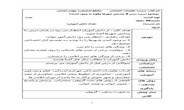 طرح درس روزانه مطالعات اجتماعی چهارم ابتدایی درس نخستین شهرها چگونه به وجود آمدند