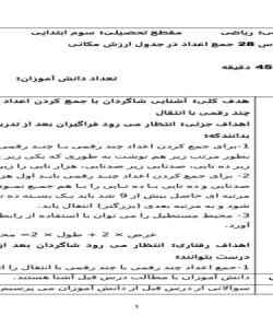 طرح درس ریاضی سوم ابتدایی درس جمع اعداد در جدول ارزش مکانی