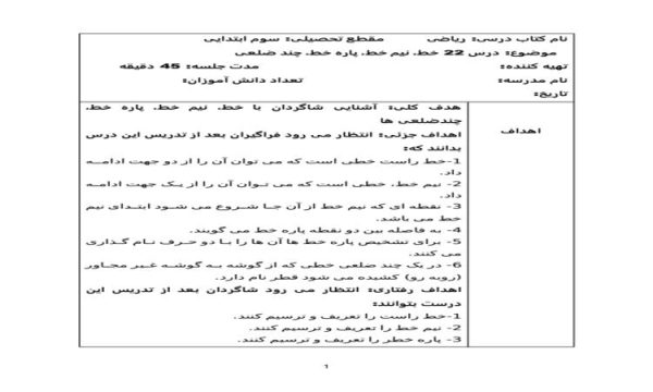 طرح درس ریاضی سوم ابتدایی درس خط نیم خط پاره خط چند ضلعی